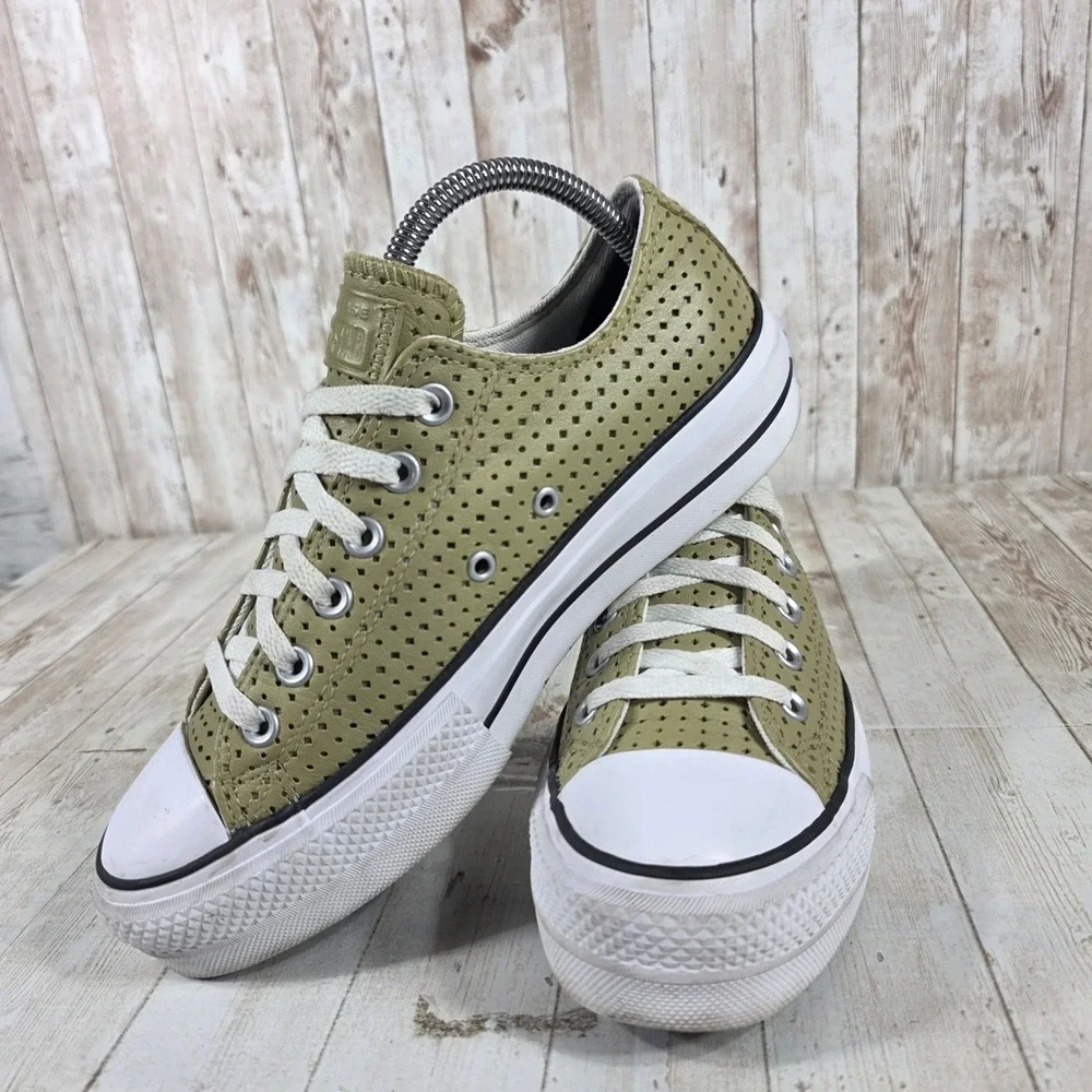 Converse Chuck Taylor All Star Lift Platform Olive Green Perforated Leather 8 - Picture 5 of 8
